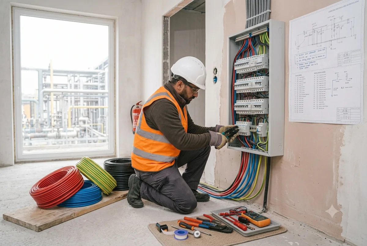 Électricien du bâtiment câblant un tableau électrique sur un chantier en France