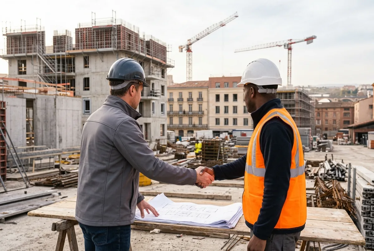 Chef de chantier et responsable serrant la main autour des plans sur un chantier en France