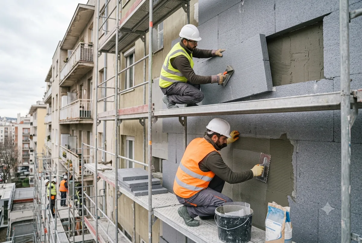 Façadiers posant une isolation thermique par l'extérieur sur un immeuble en rénovation en France