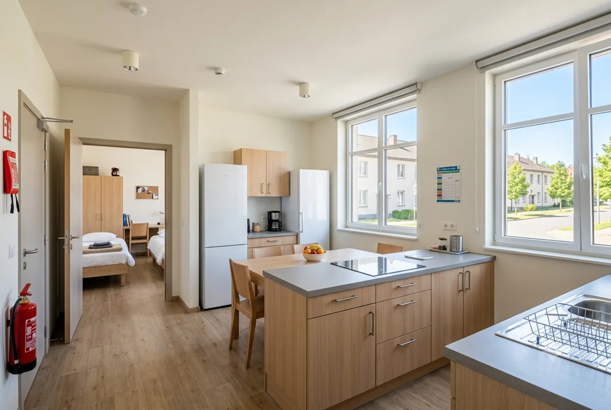 Logement partagé pour ouvriers à proximité d'un chantier, cuisine et chambres propres et équipées