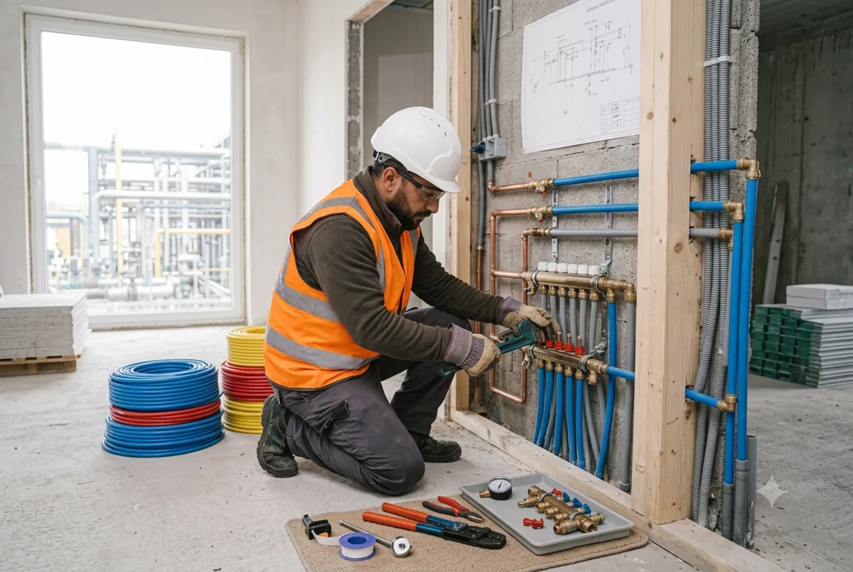 Plombier-chauffagiste installant un réseau de tuyaux cuivre et multicouche sur un chantier en France