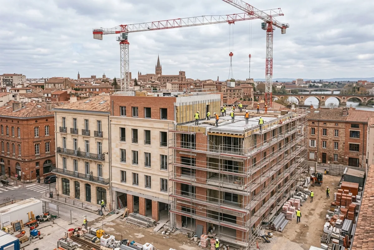 Chantier de construction à Toulouse dans le Sud-Ouest de la France, architecture de brique et fleuve